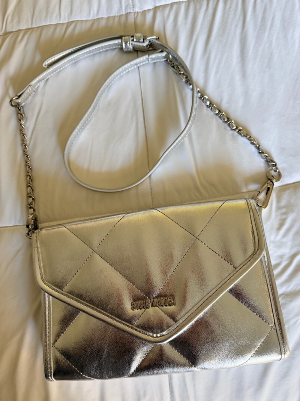 Steve Madden Metallic Silver Quilted Chain-Strap Crossbody